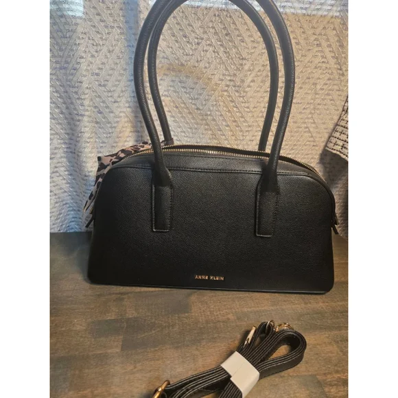 Women's Anne Klein Black Satchel Bag One Size Gold Hardware Leopard Scarf - Picture 1 of 8